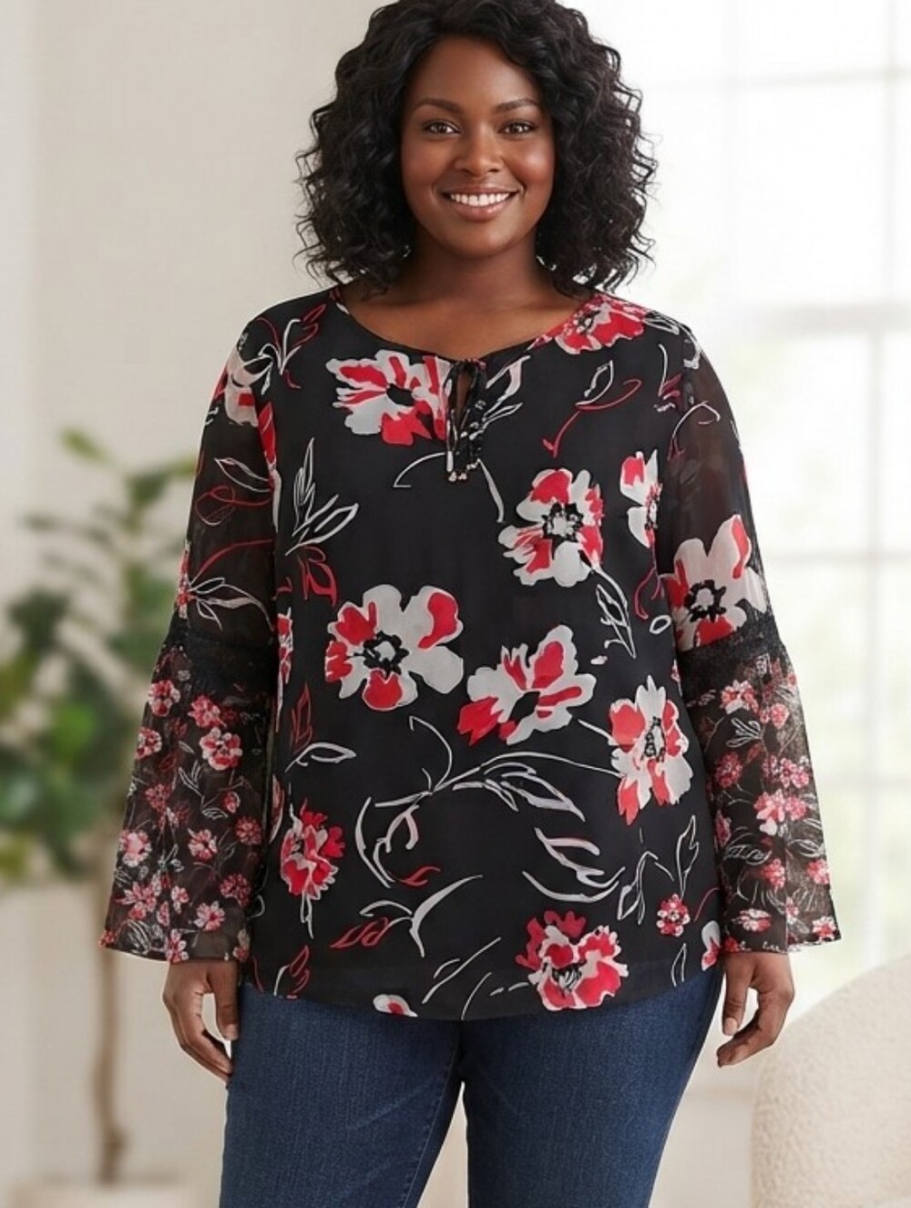 Calvin Klein PTP 23 Floral Tie-Neck Blouse in Black and Magenta - Picture 1 of 9